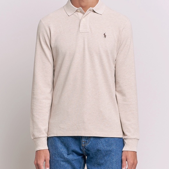 90’s VTG Polo Ralph Mens Polo Shirt L Cream Heather Long Sleeve 100% Cotton - Picture 1 of 14
